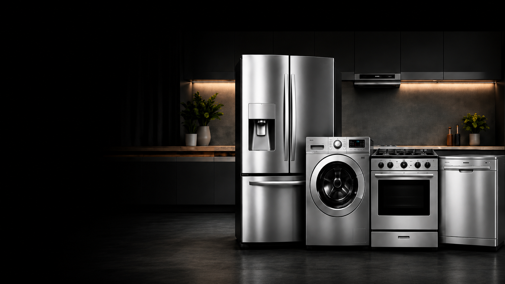 Stainless steel refrigerator, washer, oven and dishwasher in a modern kitchen