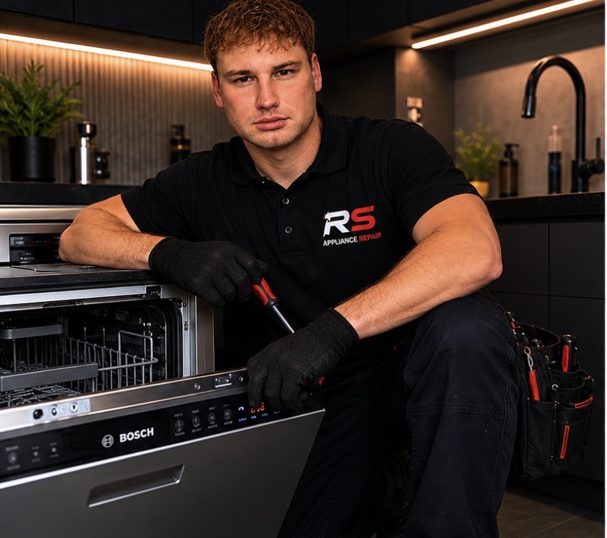 RS Appliance Repair technician fixing a dishwasher